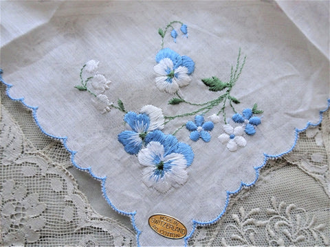 BEAUTIFUL Vintage Embroidered SWISS Floral Handkerchief Hanky Sweet Blue Pansy Flowers, Pansies Special Bridal Wedding Hankie, Collectible Hankies