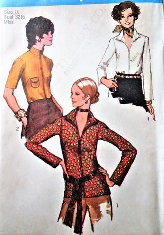 1970s RETRO Blouse Pattern SIMPLICITY 9021 Front-Zip Blouse with Standing Collar, Patch Pockets, Bust 32 Vintage Sewing Pattern FACTORY FOLDED