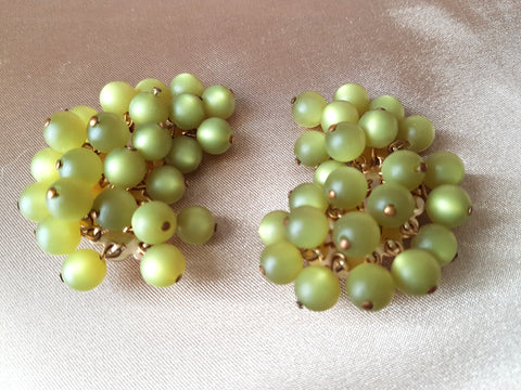 LOVELY Glowing Moonglow Earrings, Striking Olive Green Earrings, Large clip on Earrings, Signed Triad, Collectible Vintage Jewelry