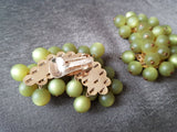 LOVELY Glowing Moonglow Earrings, Striking Olive Green Earrings, Large clip on Earrings, Signed Triad, Collectible Vintage Jewelry