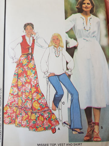 1970s FAB Top,Vest and Skirt Pattern McCALL's 5519 BoHo Regular or Maxi Skirt, Includes Embroidery Transfer Bust 32 1/2 Vintage Sewing Pattern