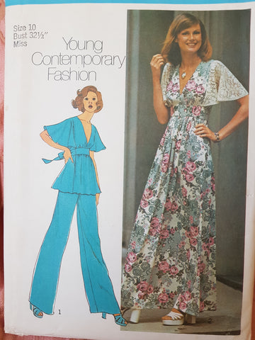 CUTE 1970s Flutter Sleeve Dress or Top and Pants Pattern SIMPLICITY 6710 Deep V Neckline, Bust 3 Vintage Sewing Pattern FF