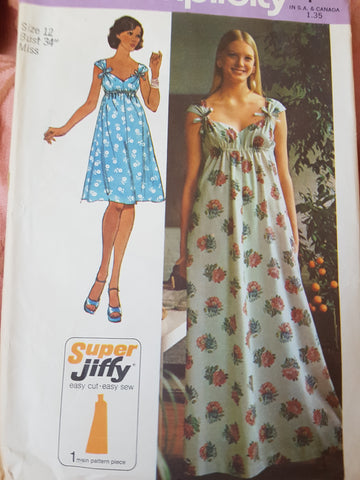 Simplicity 6409 CUTE 1970s Empire Waist Dress 2 Lengths, Sweetheart Neckline,Super Jiffy Bust 34,Vintage Sewing Pattern