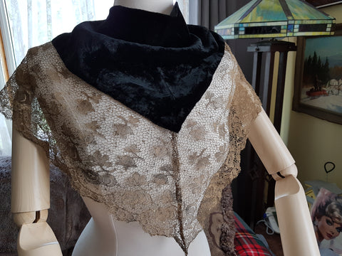 Art Deco METAL Lace and Silk Velvet Scarf Wrap,Flapper Dress Accessory,Heirloom Sewing,Vintage Clothing, Antique Textiles