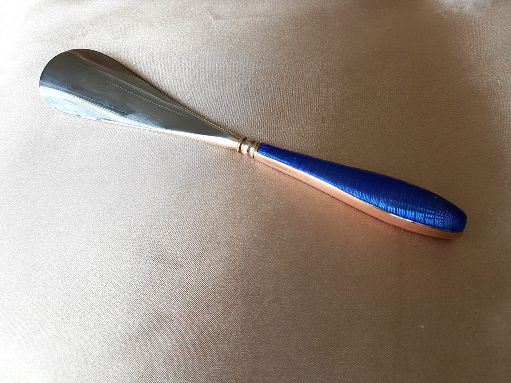 ELEGANT Antique Guilloche Sapphire Blue Enamel and Gilt Rose Gold Handle Shoe Horn, Vanity Display, Collectible Shoe Horns