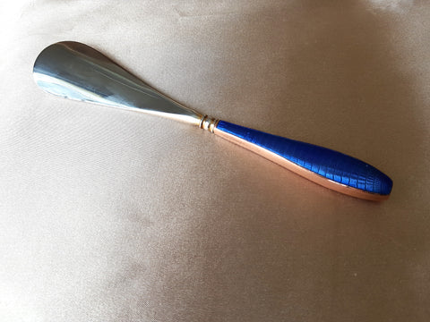 ELEGANT Antique Guilloche Sapphire Blue Enamel and Gilt Rose Gold Handle Shoe Horn, Vanity Display, Collectible Shoe Horns