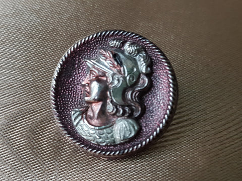 BEAUTIFUL Antique ATHENA Iridescent Glass Button, Intricate Rare Victorian Button, Mythology, Minerva, Lovely Colors, Collectors Antique Buttons