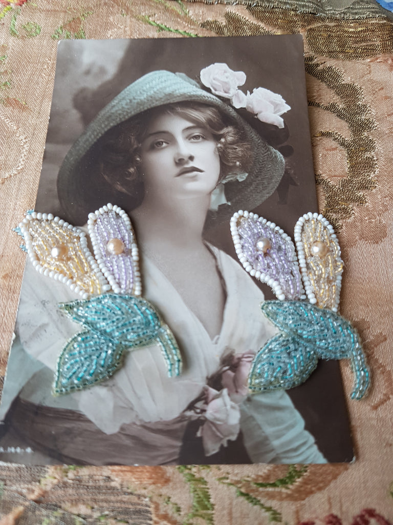 ART DECO French Glass Beaded Appliques,Glass Beaded Flowers, Flapper Era,Floral Millinery Applique,Heirloom Sewing,Collectible Appliques