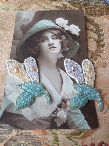ART DECO French Glass Beaded Appliques,Glass Beaded Flowers, Flapper Era,Floral Millinery Applique,Heirloom Sewing,Collectible Appliques