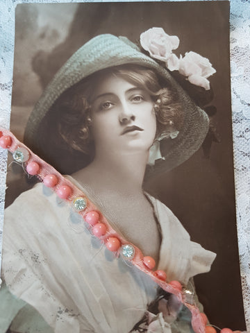 Victorian Dress Trim, French Rose Pink Glass and Frosted Glass on Pink Silk, Perfect Tiny Size For Doll Costuming, Fine Heirloom Sewing