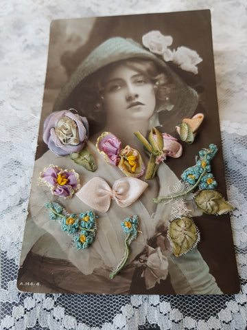 French RIBBONWORK Flowers,Rosettes,Ribbon Flowers For Doll Costuming, Hats,Flapper Dress,Collectible Vintage French Trims