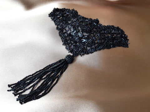 BEAUTIFUL Victorian Jet Glass Beaded Dress Applique,Black Glass Sewing Applique,Antique Dress Trim,Victorian Glass Trims,Collectible Trims