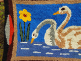 ANTIQUE Folk Art Hand Hooked Rug Pair Of Swans Lovely Condition