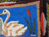 ANTIQUE Folk Art Hand Hooked Rug Pair Of Swans Lovely Condition