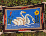 ANTIQUE Folk Art Hand Hooked Rug Pair Of Swans Lovely Condition