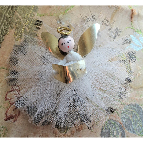 CUTE Angel Christmas Tree Ornament, Netted Lace Dress, Pipe Cleaner Xmas ,Hand Painted Wooden Head, Collectible Vintage Christmas Ornaments