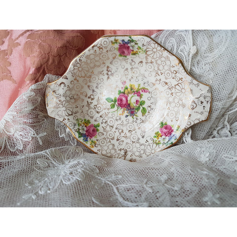 VINTAGE English Chintz Pink Roses Trinket Dish,Art Deco Pin Dish,Tea Bag Bowl, Vintage Vanity Dish, Romantic Decor
