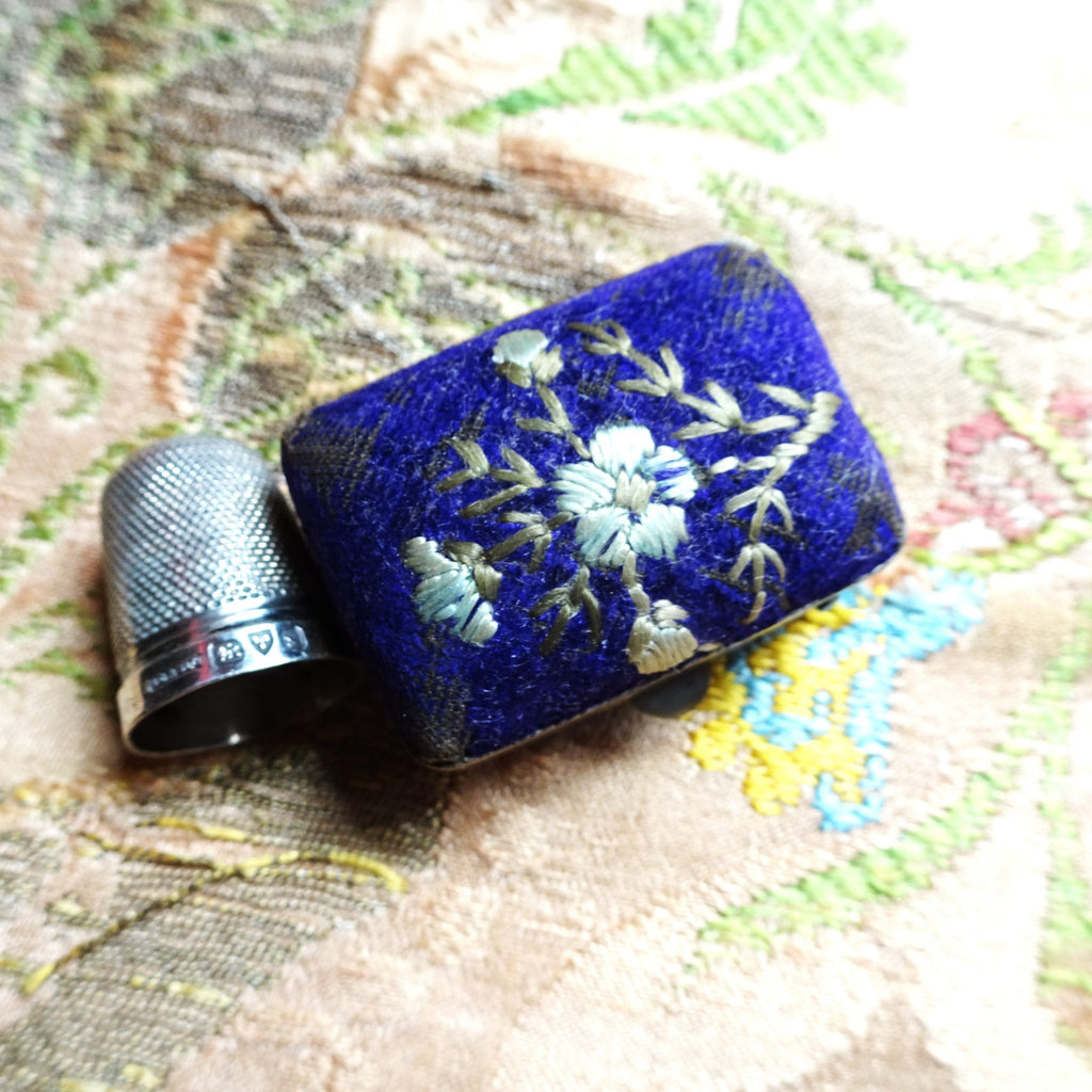 LOVELY Antique Thimble Holder Box and Silver Thimble, Embroidered Velvet Box, Chester Sterling Thimble, Collectible Antique Sewing Tools