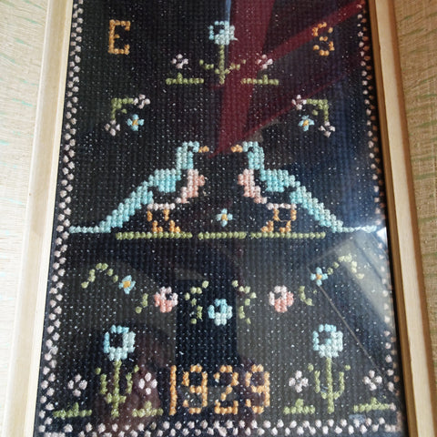 SWEET Framed Needlework,Art Deco Pink,Blue and Black,Dated 1929, Birds Flowers, Sampler Style ,Charming Cottage,Farmhouse, French Country