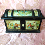 BEAUTIFUL Antique English MacFarlane Lang Biscuit Tin, Figural Trunk Design Tin, Victorian Musical Couples, Pink Roses, Collectible British Tins Advertising