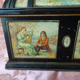 BEAUTIFUL Antique English MacFarlane Lang Biscuit Tin, Figural Trunk Design Tin, Victorian Musical Couples, Pink Roses, Collectible British Tins Advertising