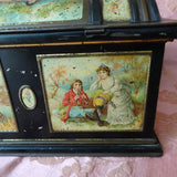 BEAUTIFUL Antique English MacFarlane Lang Biscuit Tin, Figural Trunk Design Tin, Victorian Musical Couples, Pink Roses, Collectible British Tins Advertising