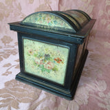 BEAUTIFUL Antique English MacFarlane Lang Biscuit Tin, Figural Trunk Design Tin, Victorian Musical Couples, Pink Roses, Collectible British Tins Advertising