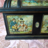 BEAUTIFUL Antique English MacFarlane Lang Biscuit Tin, Figural Trunk Design Tin, Victorian Musical Couples, Pink Roses, Collectible British Tins Advertising