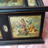 BEAUTIFUL Antique English MacFarlane Lang Biscuit Tin, Figural Trunk Design Tin, Victorian Musical Couples, Pink Roses, Collectible British Tins Advertising