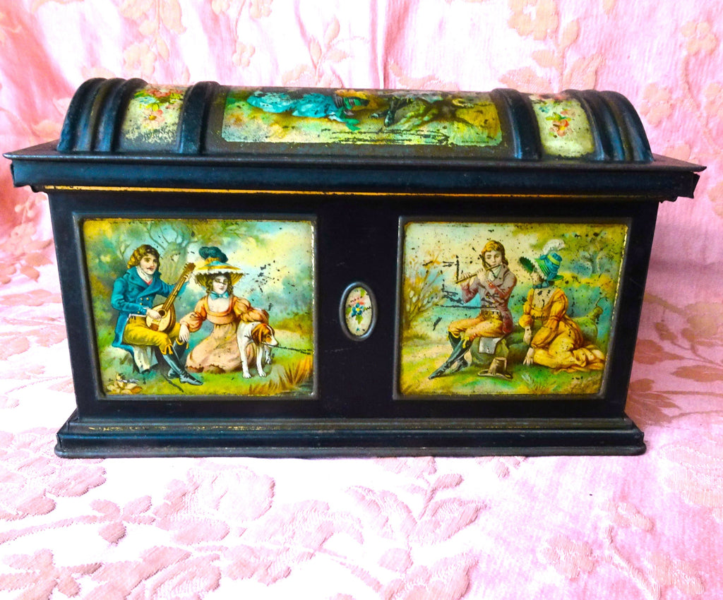 BEAUTIFUL Antique English MacFarlane Lang Biscuit Tin, Figural Trunk Design Tin, Victorian Musical Couples, Pink Roses, Collectible British Tins Advertising