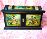BEAUTIFUL Antique English MacFarlane Lang Biscuit Tin, Figural Trunk Design Tin, Victorian Musical Couples, Pink Roses, Collectible British Tins Advertising