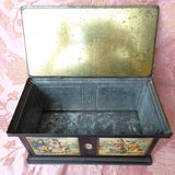 BEAUTIFUL Antique English MacFarlane Lang Biscuit Tin, Figural Trunk Design Tin, Victorian Musical Couples, Pink Roses, Collectible British Tins Advertising