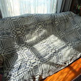 ANTIQUE Woven Coverlet, Blue Cream,Country,Log Cabin, FarmHouse, Americana Decor, Hand Made Antique Textile, Rustic Primitive Decorative