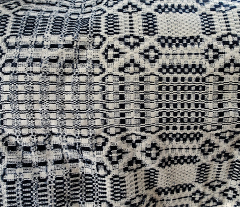 ANTIQUE Woven Coverlet, Blue Cream,Country,Log Cabin, FarmHouse, Americana Decor, Hand Made Antique Textile, Rustic Primitive Decorative