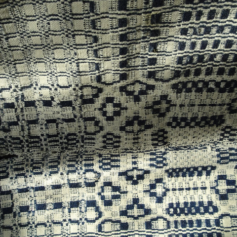 ANTIQUE Woven Coverlet, Blue Cream,Country,Log Cabin, FarmHouse, Americana Decor, Hand Made Antique Textile, Rustic Primitive Decorative