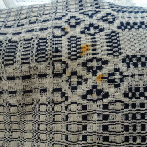 ANTIQUE Woven Coverlet, Blue Cream,Country,Log Cabin, FarmHouse, Americana Decor, Hand Made Antique Textile, Rustic Primitive Decorative
