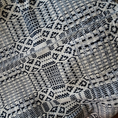 ANTIQUE Woven Coverlet, Blue Cream,Country,Log Cabin, FarmHouse, Americana Decor, Hand Made Antique Textile, Rustic Primitive Decorative