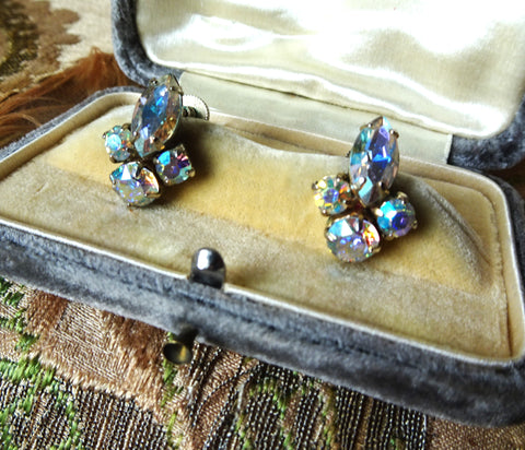 DAZZLING SHERMAN Earrings Signed, Aurora Borealis Swarovski Glass Rhinestones, Drop Dangle Earrings, MCM,Mid Century Jewelry,Collectible Vintage Jewelry