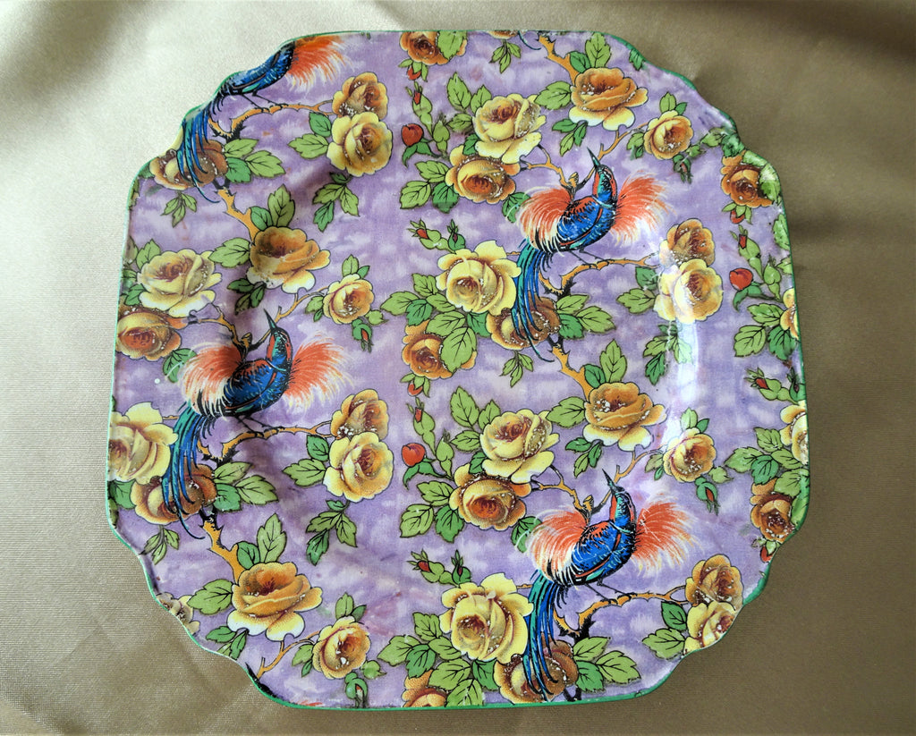 BEAUTIFUL Art Deco CHINTZ Plate, Exotic Birds and Yellow Roses, English Winterton Ware, Longton, England