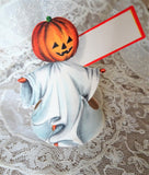 CHARMING Vintage Halloween Place Card, Jack O Lantern Dressed As Ghost, Unused, Paper Party Ephemera,Collectible Vintage Halloween