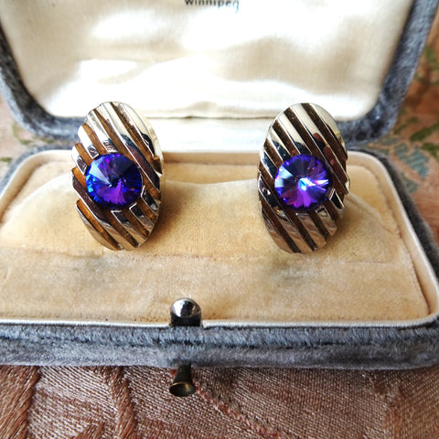 VINTAGE MCM Men's Cufflinks, Gold Tone and Purple Crystal Glass Cuff Links, Rivoli Glass Stones, Collectible Vintage Cufflinks