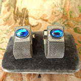FABULOUS Blue Carnival Art Glass Stones Cufflinks, Silver Tone Mesh Wrap Vintage Cuff Links, Collectible Vintage Cufflinks
