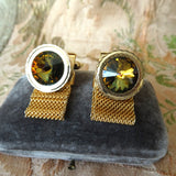 VINTAGE MCM Men's Cufflinks, Wrap Cuff Links, Woven Gold Tone Mesh, Topaz Rivoli Glass Stones, Collectible Vintage Cufflinks