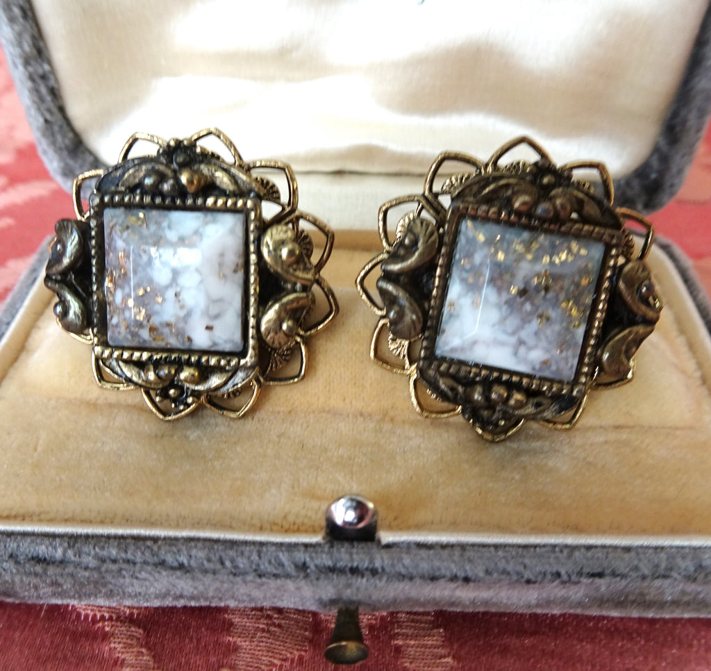 UNIQUE Vintage Mid Century Earrings, Lovely Glass White Stone with Gold Veins, Filigree Metal Setting,Screw Back earrings, Collectible Vintage Jewelry