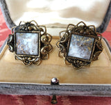 UNIQUE Vintage Mid Century Earrings, Lovely Glass White Stone with Gold Veins, Filigree Metal Setting,Screw Back earrings, Collectible Vintage Jewelry