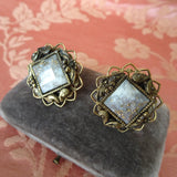 UNIQUE Vintage Mid Century Earrings, Lovely Glass White Stone with Gold Veins, Filigree Metal Setting,Screw Back earrings, Collectible Vintage Jewelry