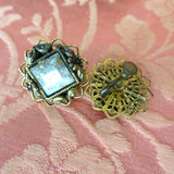 UNIQUE Vintage Mid Century Earrings, Lovely Glass White Stone with Gold Veins, Filigree Metal Setting,Screw Back earrings, Collectible Vintage Jewelry