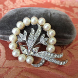 BEAUTIFUL Vintage Brooch, Sparkling Glass Rhinestones and Lustrous Faux Pearls , Trifari Like Design, Mid Century Pin,Collectible Vintage Jewelry
