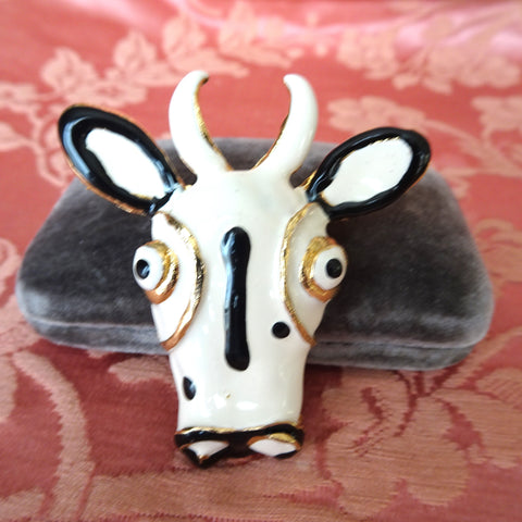 UNIQUE Vintage Brooch, Very Picasso Design, Enamel Cow Pin, Collectible Vintage Jewelry