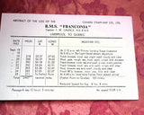 VINTAGE 1952 Cunard Steamship RMS FRANCONIA Abstract of Log Card, Collectible Shipping Memorabilia